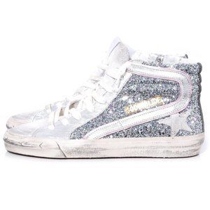 Golden Goose Slide Silver White Glitter Sneakers